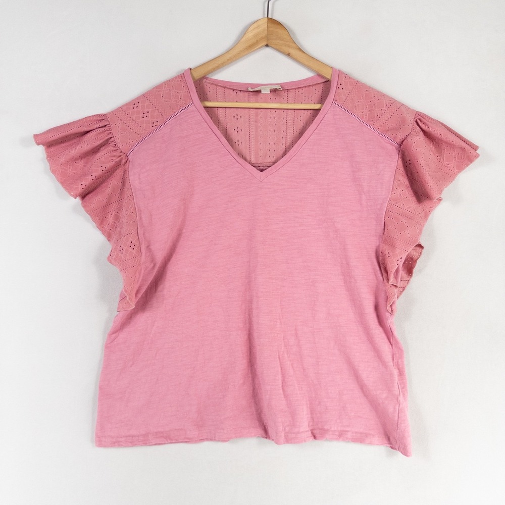 Weekend Suzanne Betro Top Tee Shirt 2X Pink Eyelets Flutter Sleeve Boho Casual